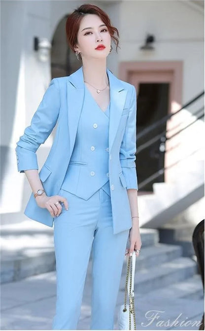 Lady Solid Lapel Blazer Suit Full Sleeve V-neck Single Breasted Straight Leg Pants Suits 2026 Fashion New Office Commute Outfit