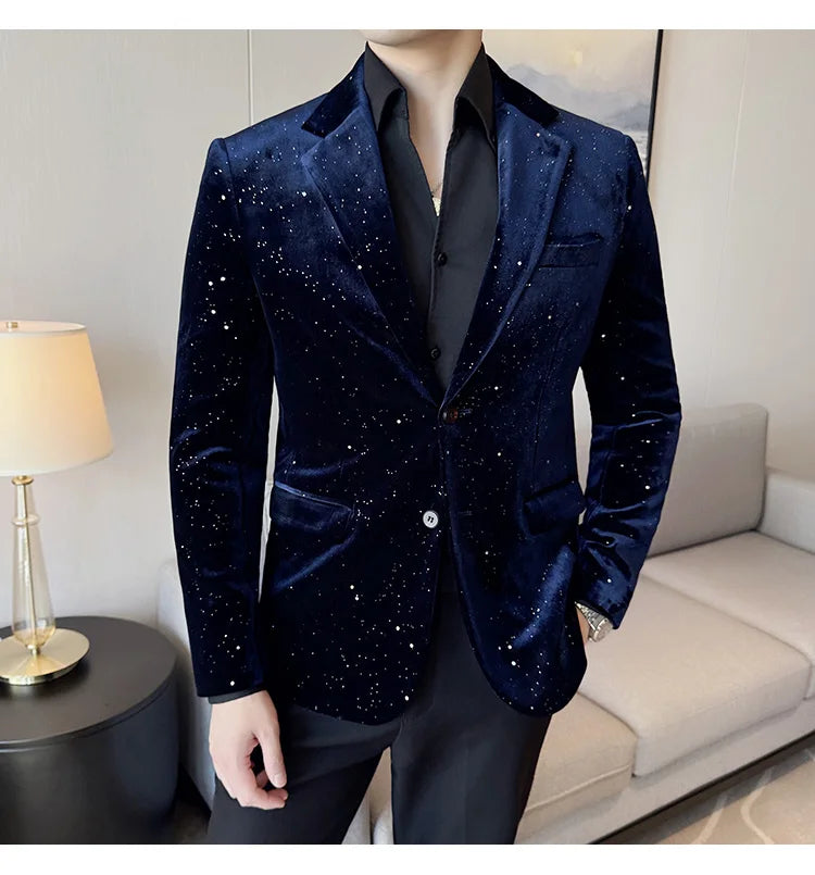2025 Autumn New Velvet Jacket Men's Blazer Business Fashion Hot Stamping Printed Suit Jacket High-quality Luxury Dress Suit