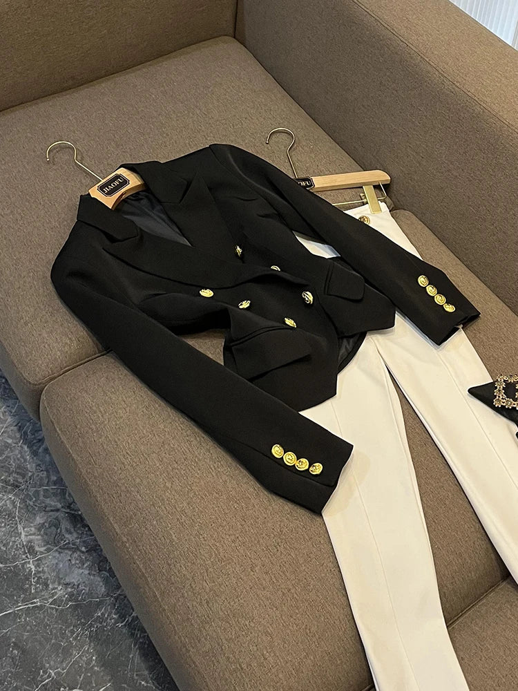 Business Commute Style Women's Long Sleeve Double-Breasted Suit Slim Fit Waist-Cinching Outerwear Fashion D9986