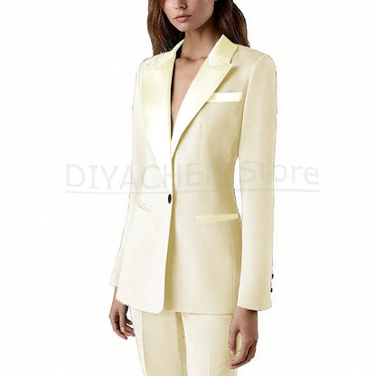 Pants Sets 2 Piece Fashion Satin Peak Lapel Single Button Solid Color Outfits Chic Casual Slim Daily Office Women's Suit
