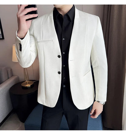 Chinese Style Collarless Suit Jacket Men Fashion Slim Fit Versatile Blazers Male Casual Business Wedding Groom Dress Jacket 2025