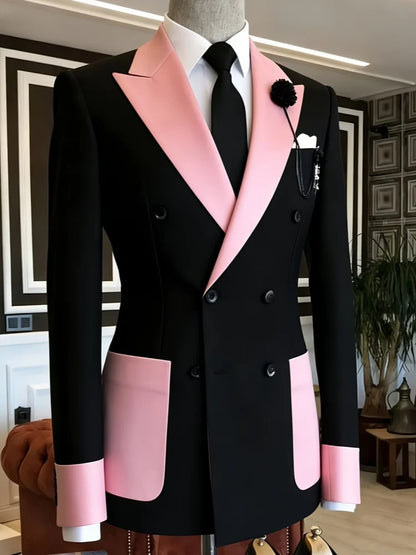 Men's Business Casual Blazer Slim Fit Double Breasted Black Pink Color Block Peak Lapel Formal Tuxedo Jacket Groom Wedding Party