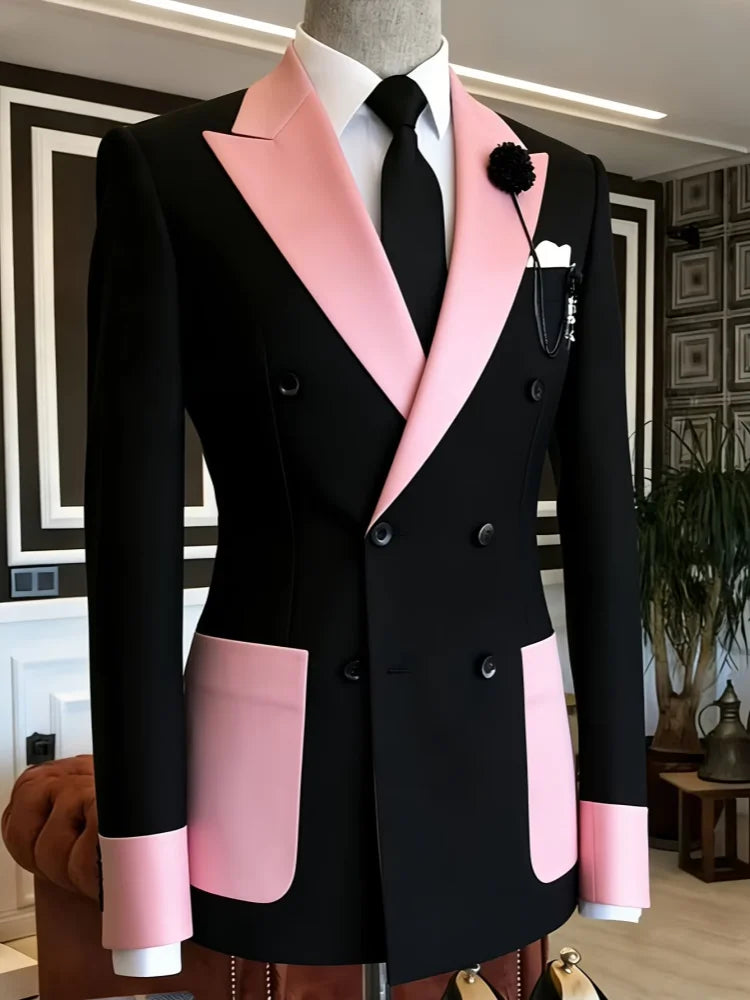 Men's Business Casual Blazer Slim Fit Double Breasted Black Pink Color Block Peak Lapel Formal Tuxedo Jacket Groom Wedding Party