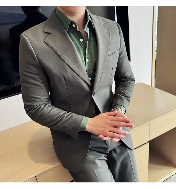 Tencel High Tech Fabric Men Spring Summer Thin Suits 2 Pieces (jacket+pants) Business Casual Office Wedding Groom Dress Suit