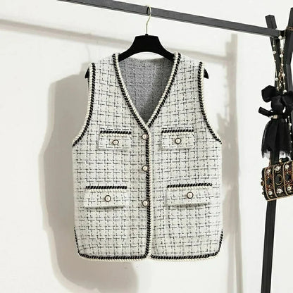 Women V-neck Tweed Sleeveless Vest Female Splicing Together Waistcoat Top Autumn Lady Lmitation Mink Fur Vest Jacket
