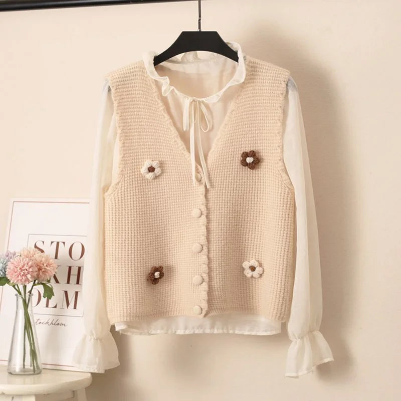 Women Knitted Tank Top Autumn New Sweet And Fresh Short Loose Sleeveless Sweater Cardigan Women's Knitted Vest