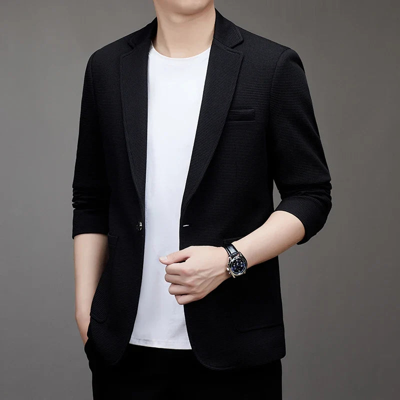 New men's suit jacket with non-stretch flat collar, waffle pattern, for business casual and fitted formal wear.