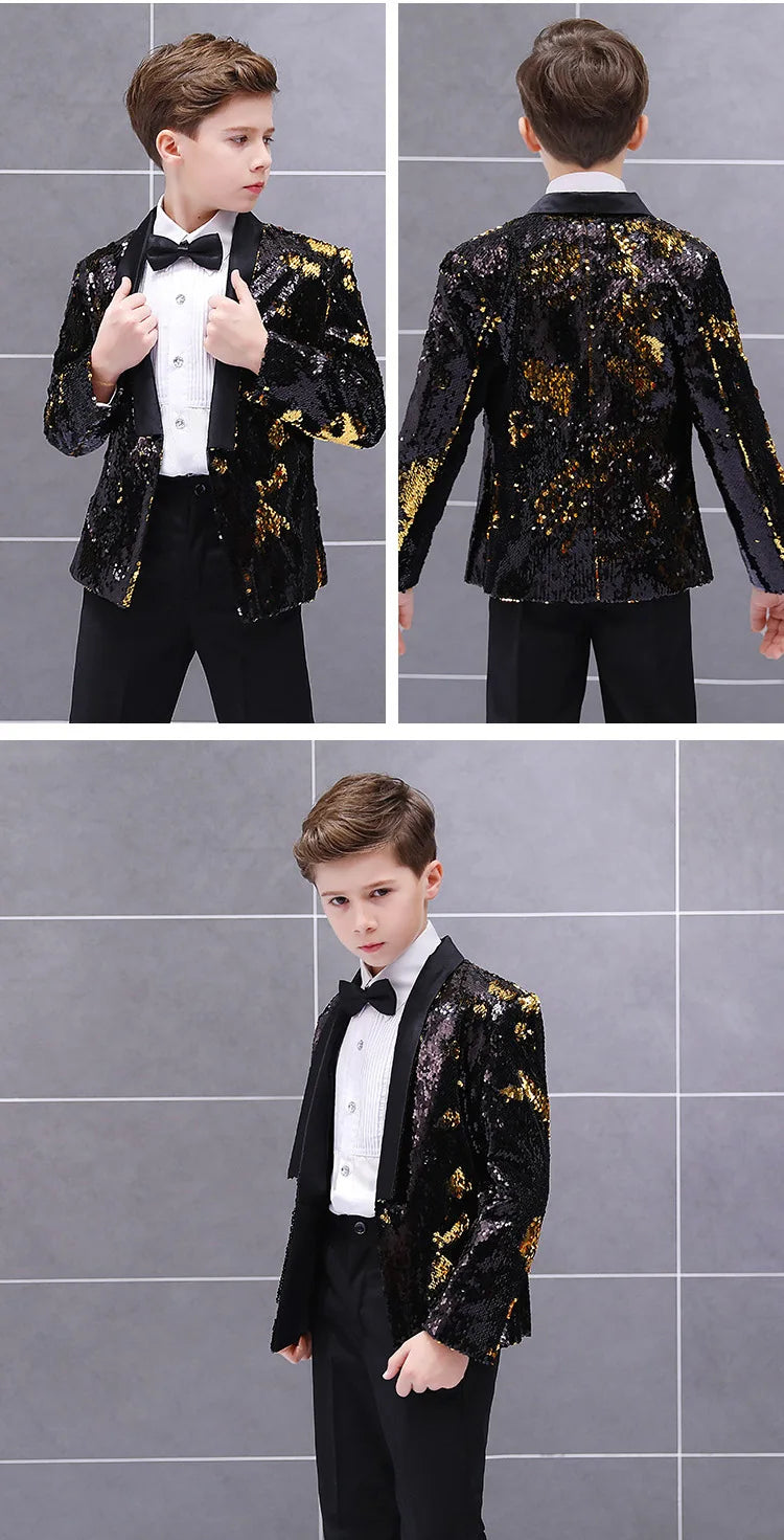 Boys Gradient Sequins Formal Wedding Birthday Party Suits Kids Jacket pants Bowtie 3pcs Price Piano Performance Costume