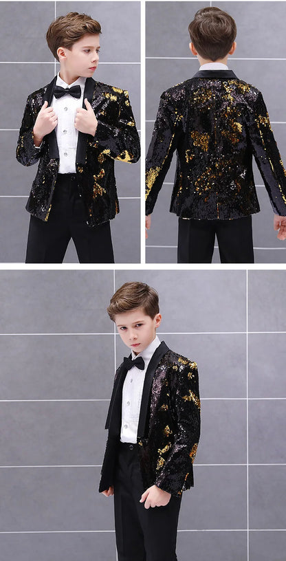 Boys Gradient Sequins Formal Wedding Birthday Party Suits Kids Jacket pants Bowtie 3pcs Price Piano Performance Costume