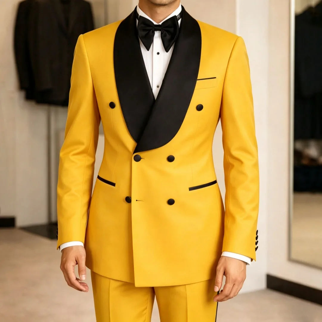 Men Suit Yellow 2 Pieces Double Button With Black Lapel For Wedding Birthday Banquet Party Business Work Office Jacket Pants