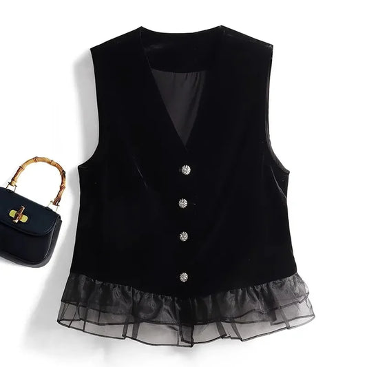 Fragrant Gold Velvet Vest Women Waistcoat Spring Autumn New Fashion Splicing Sleeveless Jacket Coat Elegant Ladies Cardigan Tops