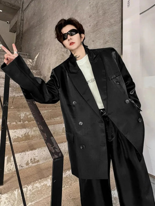 Men's Loose Fit Two Piece Suit Set Double Breasted Blazer with Wide Leg Pants for Casual and Nightclub Wear