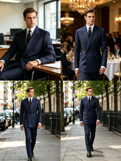 2 Piece Navy Blue Wedding Men Suits Slim Fit Peak Lapel Double Breasted Blazer Pants Formal Business Groom Tuxedo Men Clothes