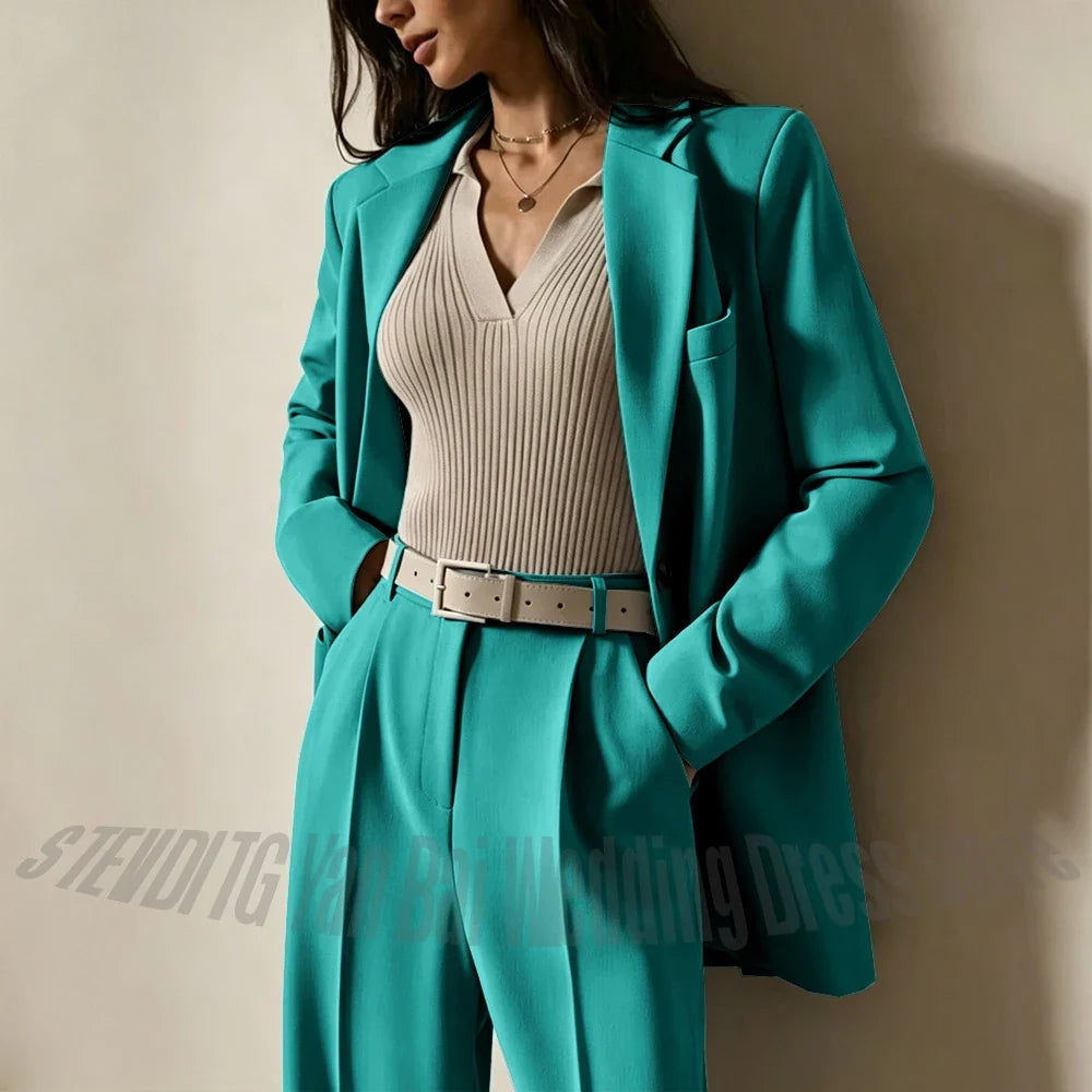 Dusty Blue Women Suits Casual Loose Single Breasted Blazer Pants 2 Piece Minimalist Fashion Office Daily Wear Outfit Set