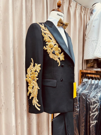 Men's Golden Embroidery Suit Set 2 Pieces Party Prom Wear Double Breasted Man Suits Wedding Groom Sets Handsome Tuxedo S-3XL