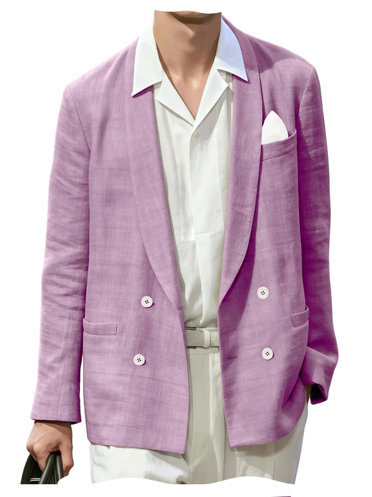 Summer Cotton Linen Blend Men Blazer Double Breasted Casual Suit Jacket Lightweight Soft Elegant Dress Coat For Prom Work Party