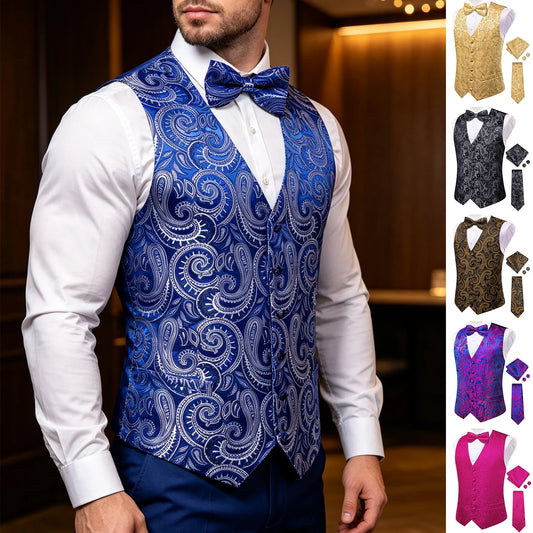 Men's Suit Vest 5-Piece Set – Paisley Jacquard V-Neck Waistcoat for Weddings & Banquets