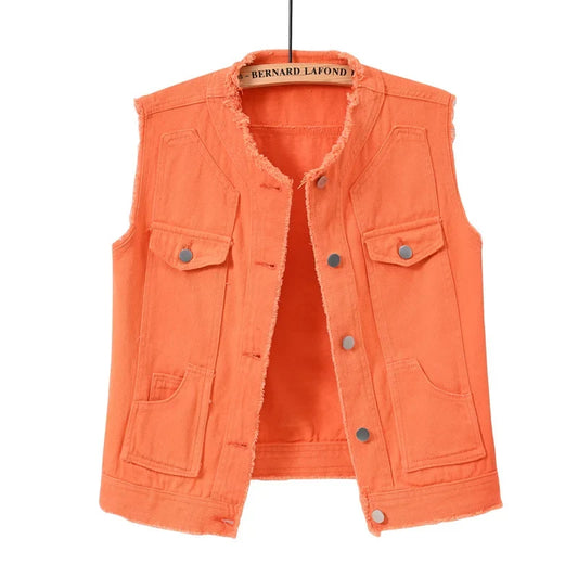 Autumn Women Denim Vests Sleeveless Waistcoat Students Casual Sleeveless Tops Jeans Jackets Pink Yellow White Orange Green 5XL