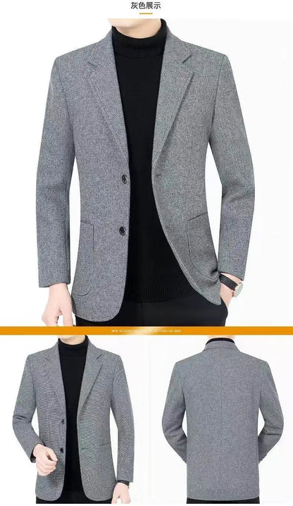 Men's woolen suit spring and autumn jacket is fashionable, cool and versatile. It is a solid-color checkered flat lapel short to