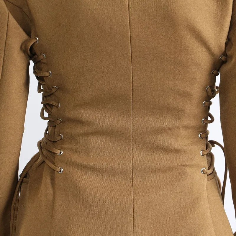 Spring Autumn New Women Blazer Notched Collar Single Button Lace-Up Waist Cinching Slim Fit Elegant Fashion Jackets HK13264