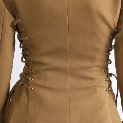 Spring Autumn New Women Blazer Notched Collar Single Button Lace-Up Waist Cinching Slim Fit Elegant Fashion Jackets HK13264