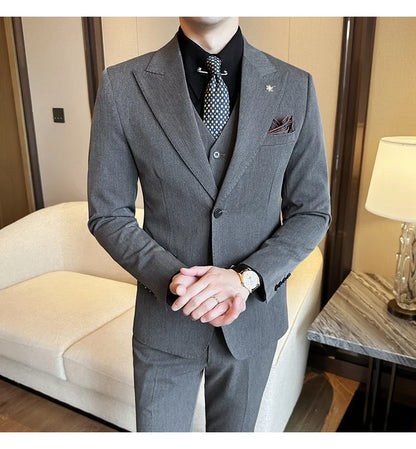 (Blazer + Vest + Trousers) 2024 New Men Formal Business Solid Suit 3 Pieces Set Italian Style Luxury Wedding Social Party Tuxedo