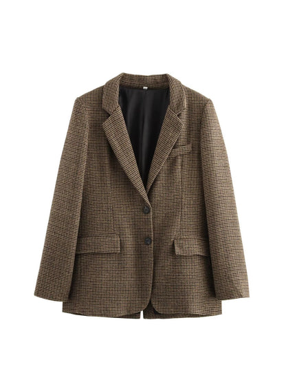 Women's Brown Plaid Blazer Jacket Y2k Harajuku 2000s Vintage Long Sleeve Single Breasted Suit Coat Oversize Outerwear Autum 2025