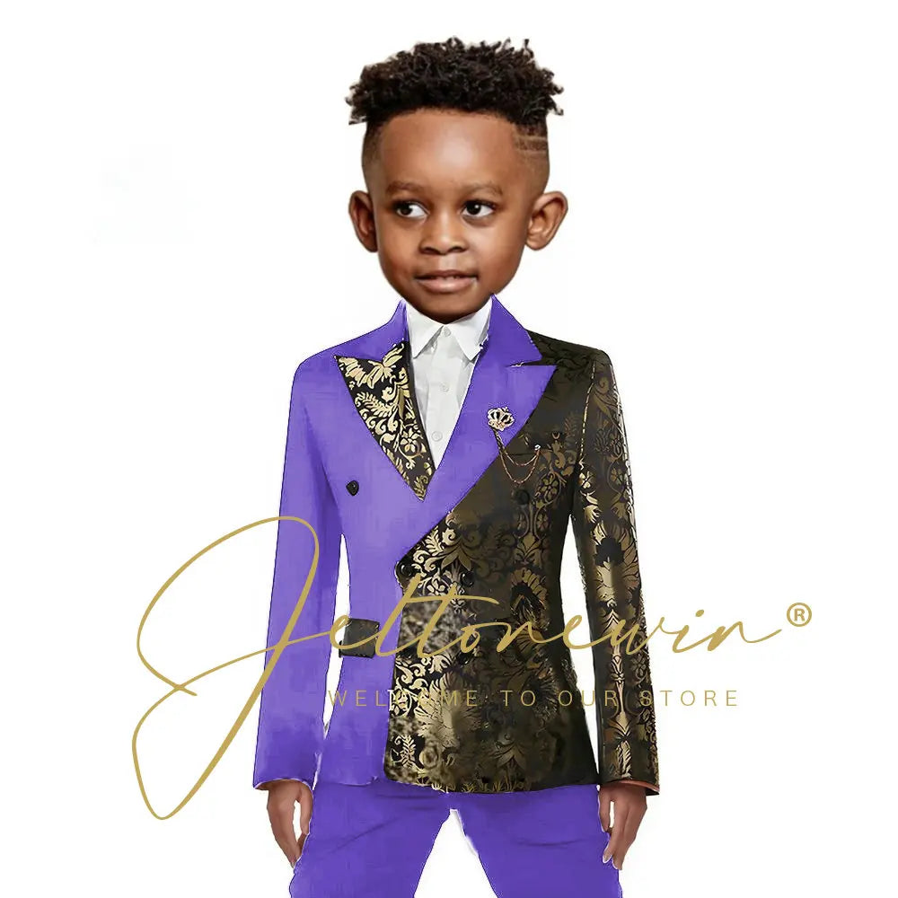 Black And Gold Floral Wedding Boys Suit Double Breasted Formal Kids Blazer Set Party Dress Child Tuxedo Jacket Pants 2 Piece Set