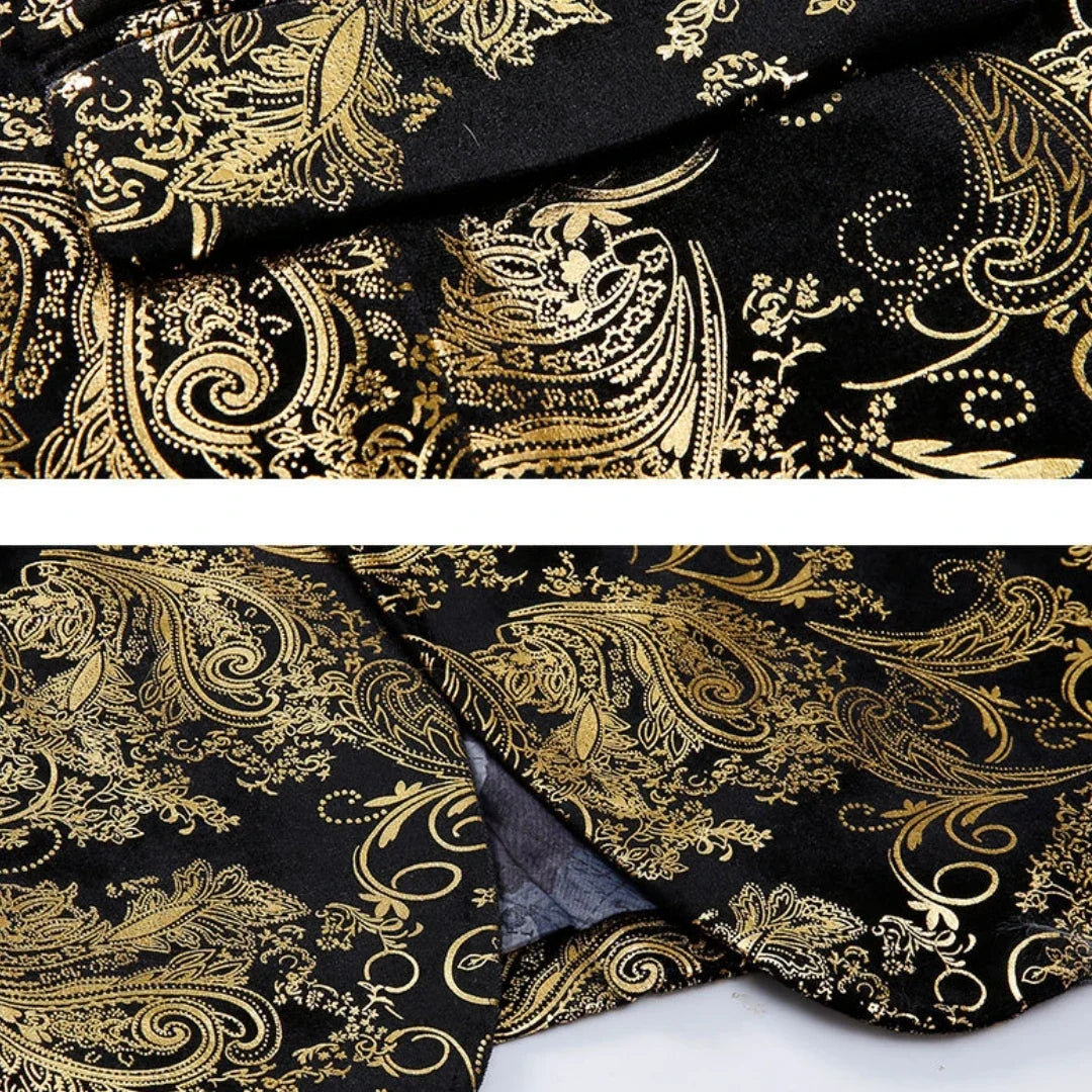 Men's Suit Jacket Black Gold Floral Applique Single Button for Wedding Party Performance