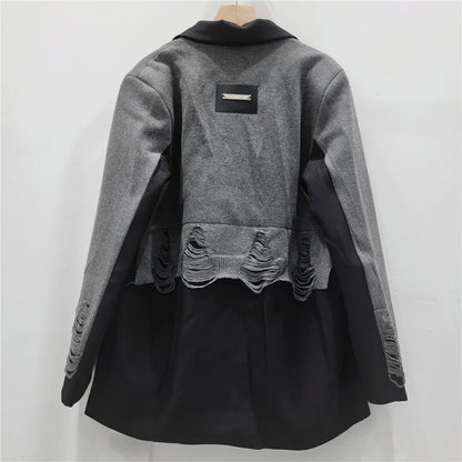 2025 Autumn New Women Blazer Notcged Collar Single Button Distressed Knitted Patchwork Color Block Tide Chic Jacket HK13269
