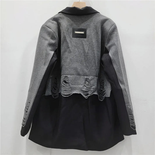 2025 Autumn New Women Blazer Notcged Collar Single Button Distressed Knitted Patchwork Color Block Tide Chic Jacket HK13269