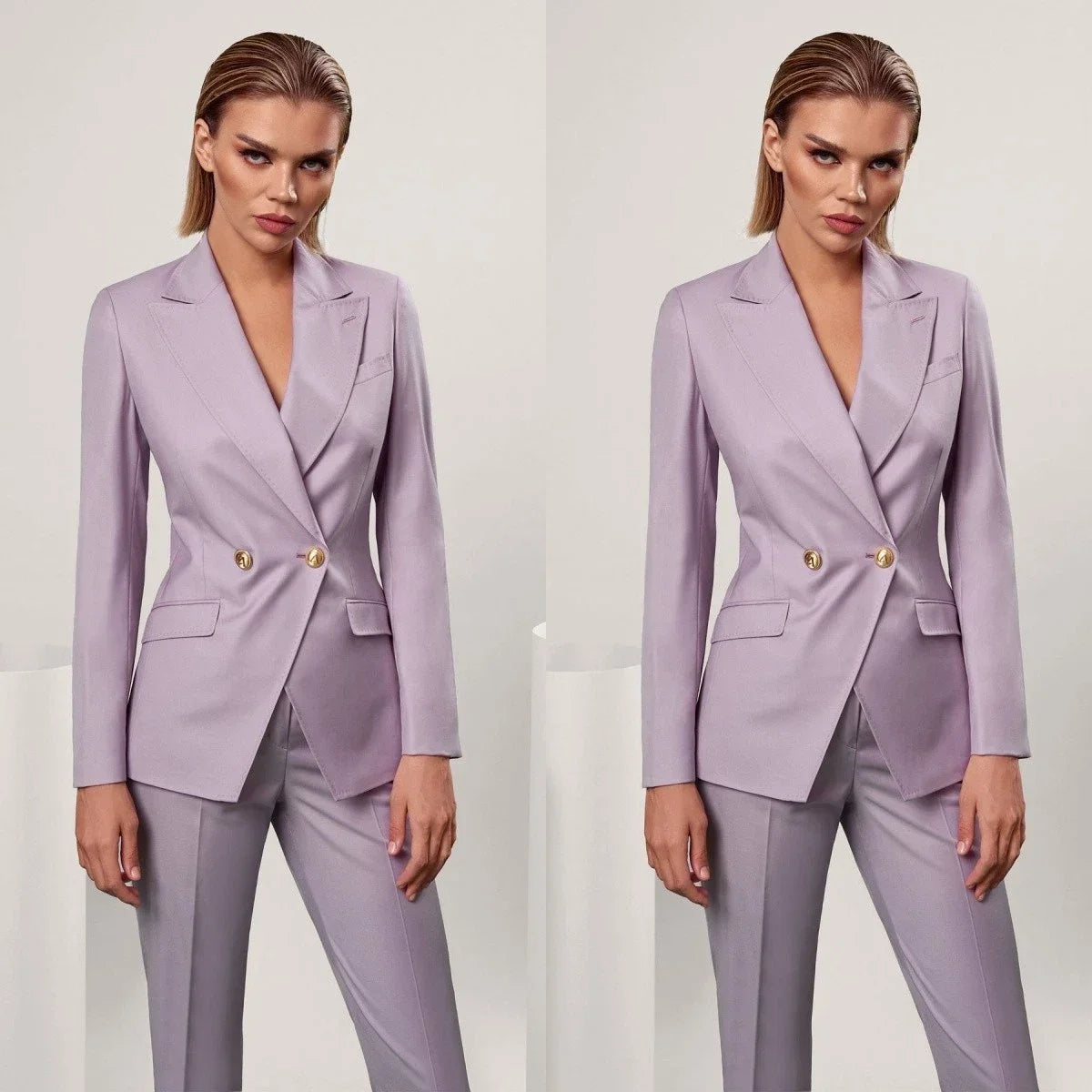 Lavender Purple Women 2 Piece Suit Double Breasted Gold Button Slim Fit Blazer Trousers Customized Prom Outfit Wedding Guest