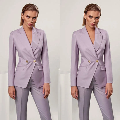 Lavender Purple Women 2 Piece Suit Double Breasted Gold Button Slim Fit Blazer Trousers Customized Prom Outfit Wedding Guest