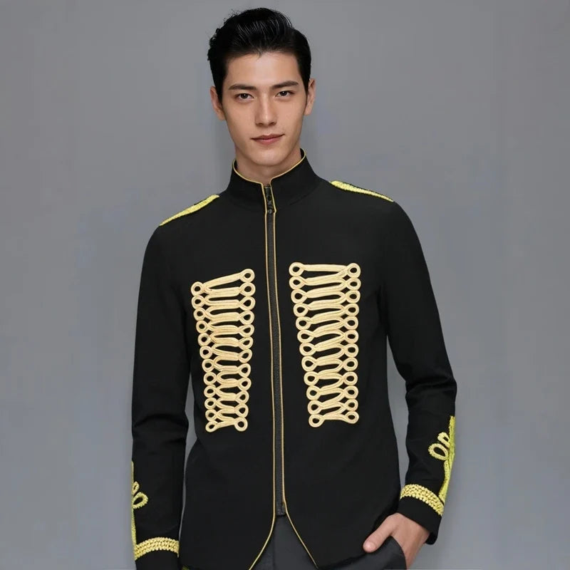 Men's European Style Stand Collar Zipper Blazer Golden Rope Detail Cosplay Middle Ages Tuxedo for Stage Performances And Parties