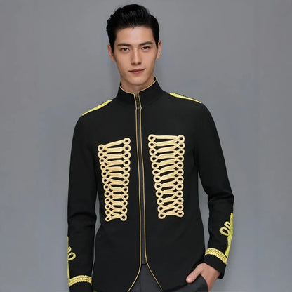 Men's European Style Stand Collar Zipper Blazer Golden Rope Detail Cosplay Middle Ages Tuxedo for Stage Performances And Parties