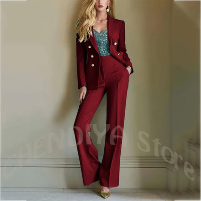 Solid Color Suit For Women High Quality Double Breasted Two Piece Notch Lapel Slim Fit Elegant Fashion Female Outfit Jacket Pant