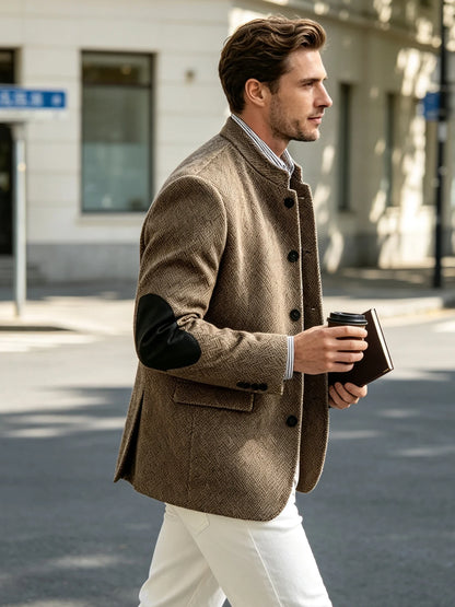 Vintage Men's Mandarin Collar Herringbone Tweed Blazer with Leather Elbow Patch Wool Blend Business Casual Slim Fit Suit Jackets