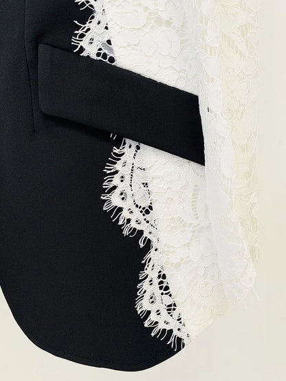 Autumn New Women Tide Chic Elegant Fashion Single Button Patchwork Lace Contrast Color Waist Cinching Pocket Blazer  HK7609