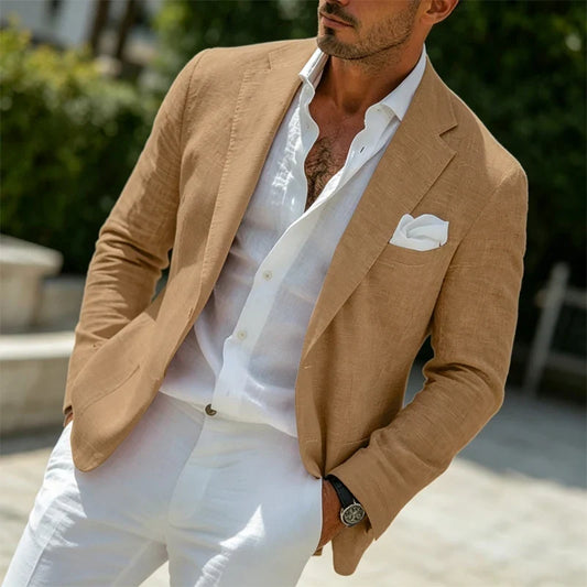 Men's Linen Blazer Slim Fit Single Breasted Suit Jacket for Wedding and Daily Wear