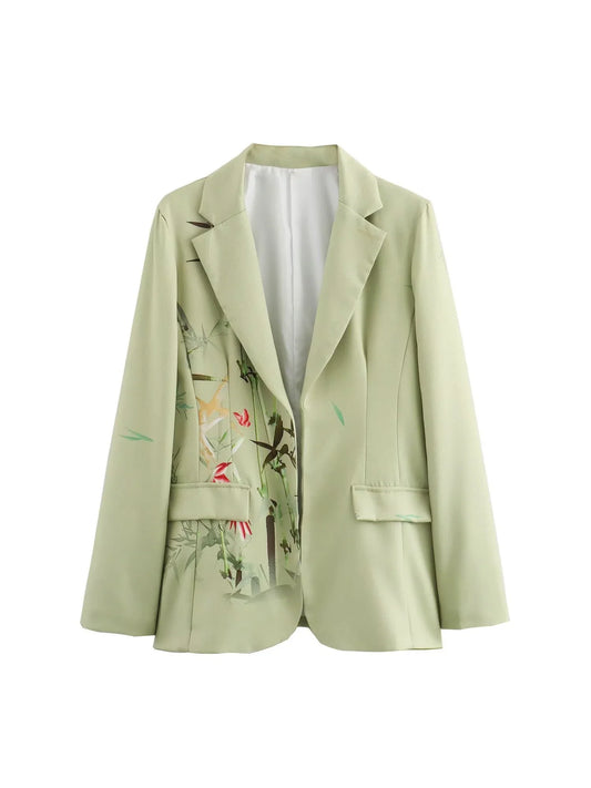 Women's Green Print Fitted Blazer Jacket Vintage Chinese style Long Sleeve Outerwear Single Breasted Suit Coat Y2k 2000s Autumn