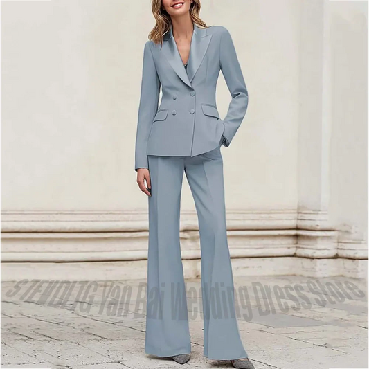 Light Blue Women Suit Double Breasted Satin Peaked Lapel Slim Office Outfit Interview Wedding Party Professional Matching Wear