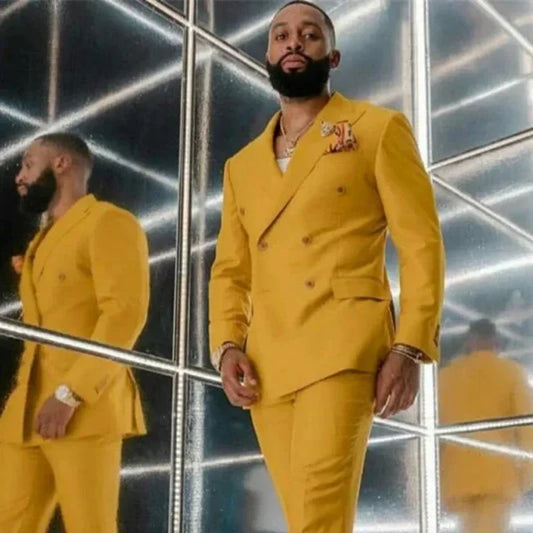 Men's Double Breasted Suit – Yellow & Orange-Red 2-Piece Tuxedo for Wedding & Formal Occasions