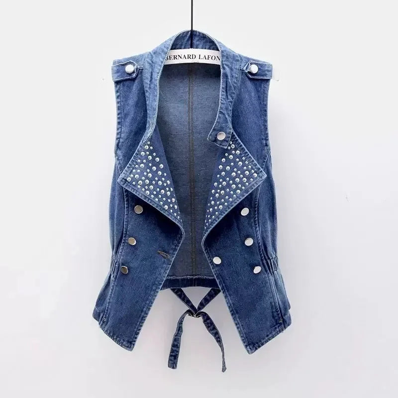 2025 Femme Cowboy Vest Outwear Spring Women Fashion Large Size 5XL Denim Waistcoat Coat Ladies Double-breasted Sleeveless Jacket