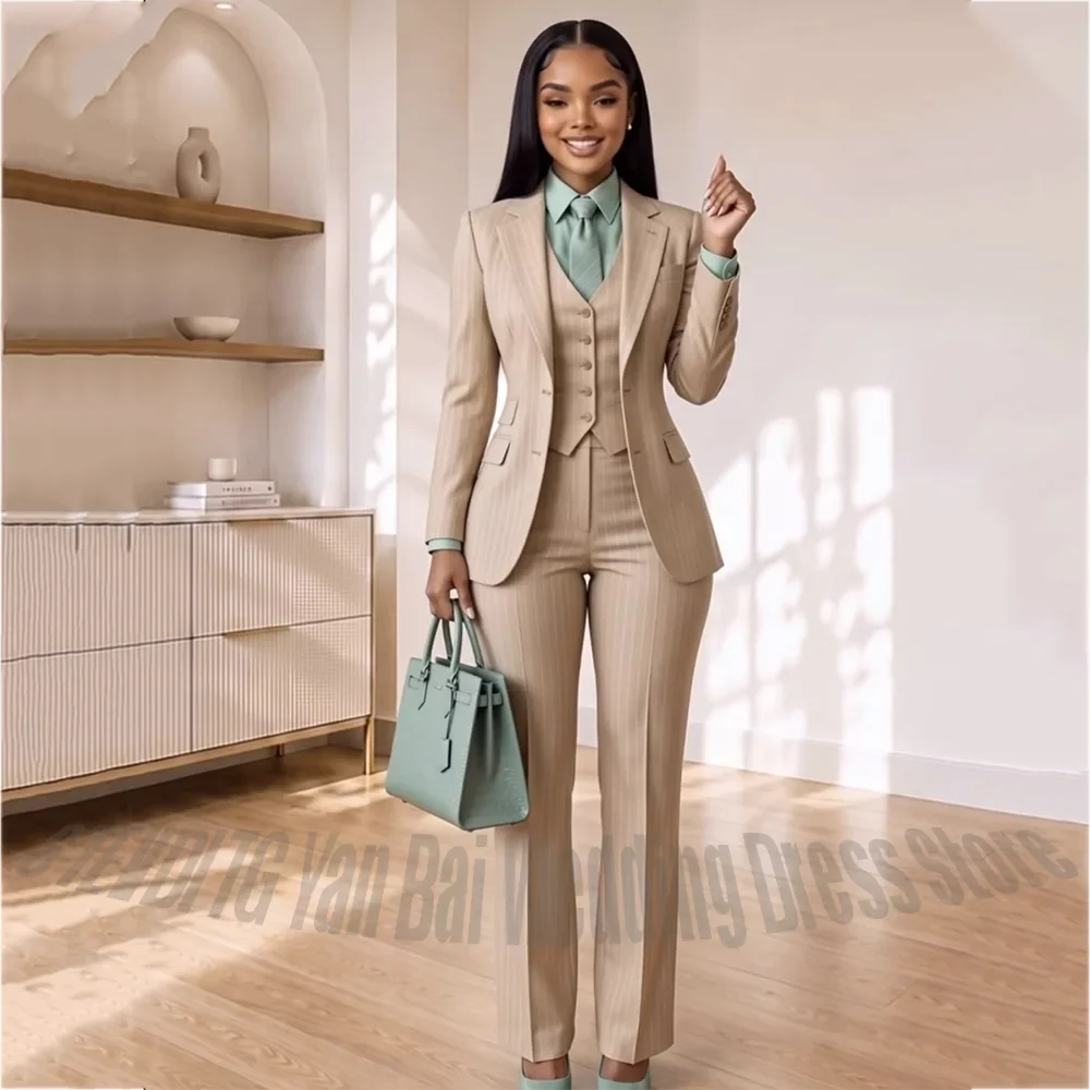 Professional Lady Striped Suit Slim Fitted 3 Pieces Set Chic Notched Lapel Blazer Vest Pants Formal Work Commuter Women Suits