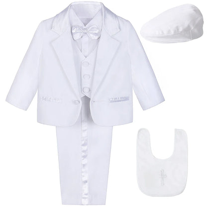 Baby Boy Baptism Outfit Infant White Christening Suit with Hat Toddler Wedding Birthday Party Clothing Long Sleeved Tuxedo 5PCS