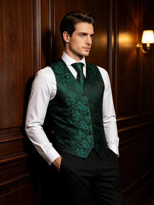 Men's Vest Paisley V-Neck Matching Set with Tie Pocket Square Cufflinks Ring Black Emerald Banquet