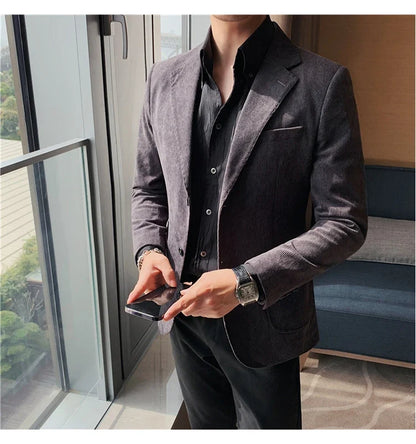2023 Fashion Men's Corduroy Blazers Top Quality Business Casual Suit Jackets Slim Fit Wedding Groom Streetwear Social Dress Coat