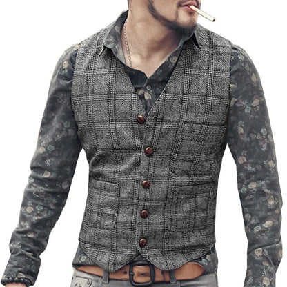 Men's Vest Gray Checkered Single Button V-Neck Waistcoat for Wedding & Business