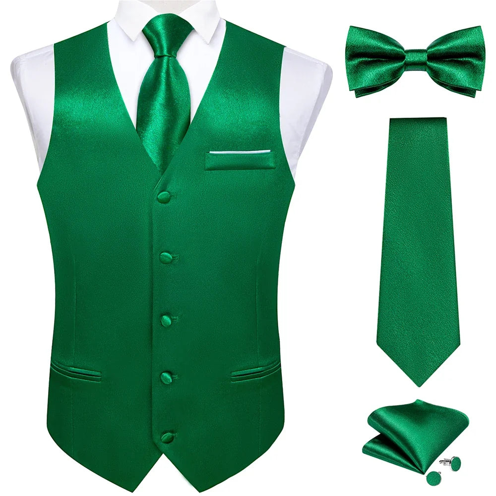Men's Satin Suit Vest Set with Necktie Bow Tie Handkerchief and Cufflinks for Wedding and Formal Occasions