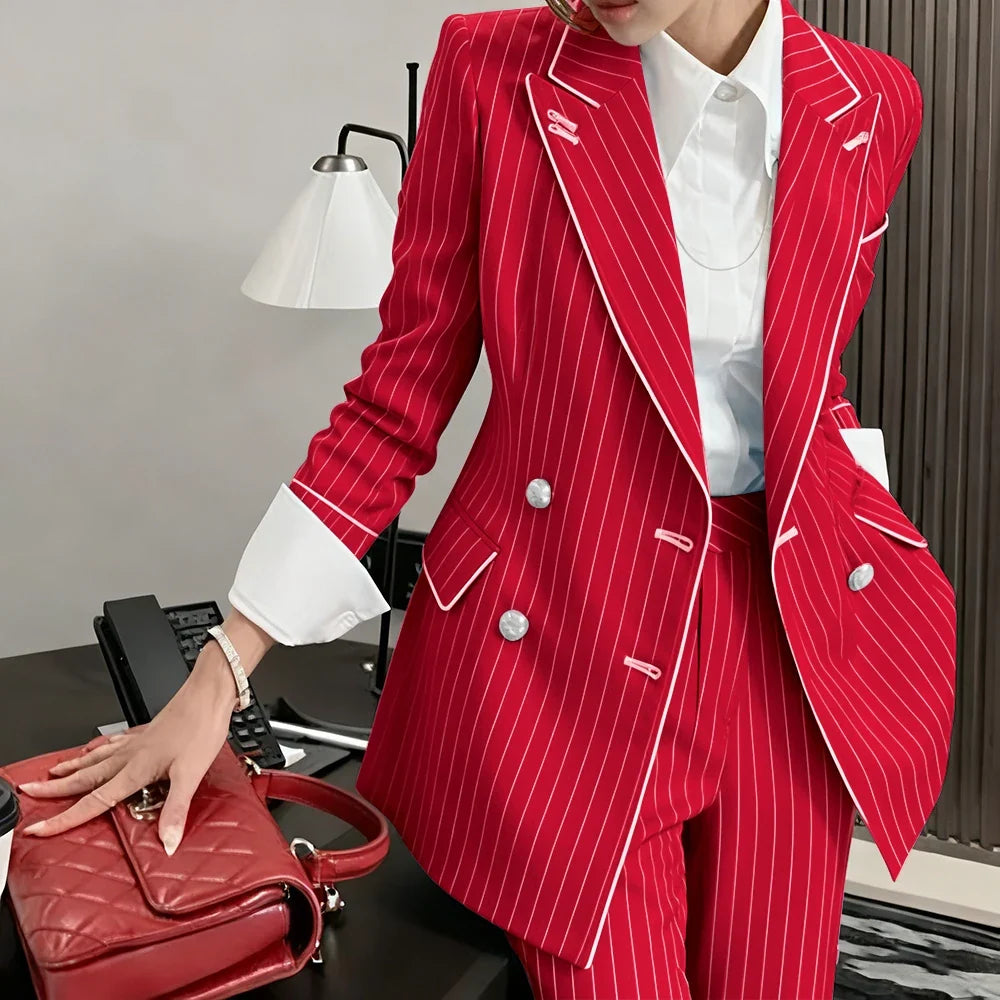 Slim-fit Women's Suit Modern Striped 2 Piece(Jacket+Pants) Set Classic Retro Blazer Daily Office Wear Business Formal Attire